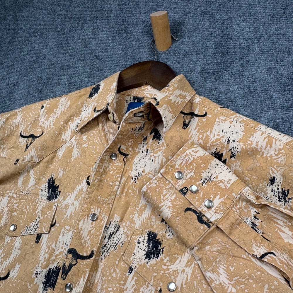 Wrangler Western Shirt Mens L Tan Bull Skull Snap Front Long Sleeve Cowboy Rodeo